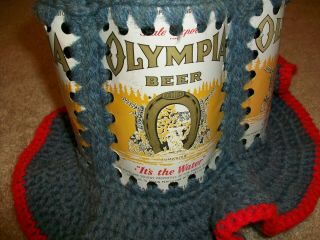 Vintage Folk Art Beer Can Crocheted Hat Olympia Beer Blue Red