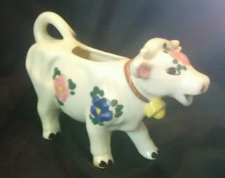 Vintage Cow Creamer Ec Colorful W/ Flowers And Yellow Bow On White Heifer Bull