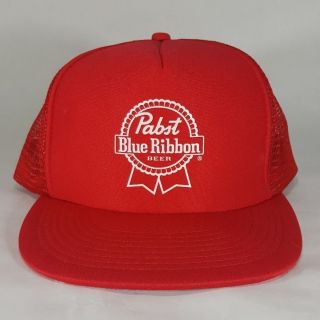Pabst Blue Ribbon Beer Snapback Baseball Cap Red White Pbr Logo Mesh Trucker Hat