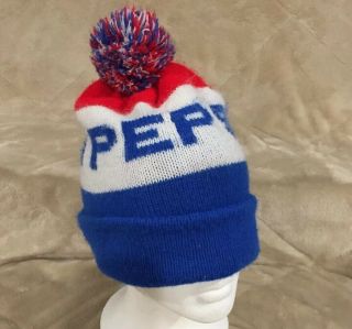 Vtg Pepsi Cola Adult Osfa Knit Winter Stocking Beanie Pom Ski Hat Cap Soda Pop