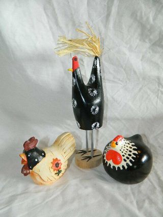 3 Folk Art Chicken Figurines,  1 Handmade,  1 Resin,  Happy Hen Norfolk Zealand