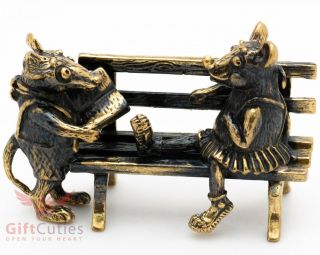 Solid Brass Figurine Of Mouse Mice Rats Reading Poetry On A Bench Ironwork