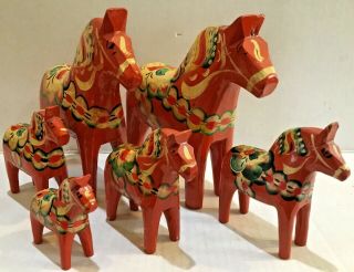 Set Of (6) Vintage Handpainted Wooden Mexican Horses
