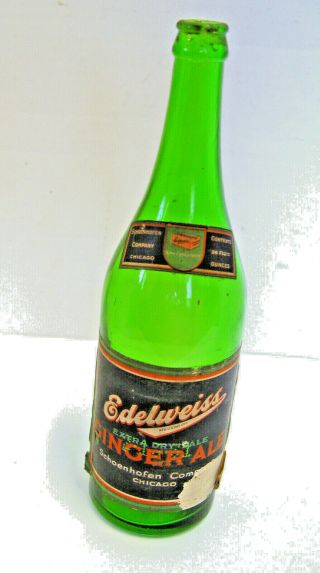 Scarce Vintage Prohibition Era Edelweiss Beer Ginger Ale Paper Label Qt.  Bottle