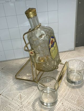 Vintage Crown Royal Swinging Bottle Holder Gold For 1.  75l Bottle 2 Glasses