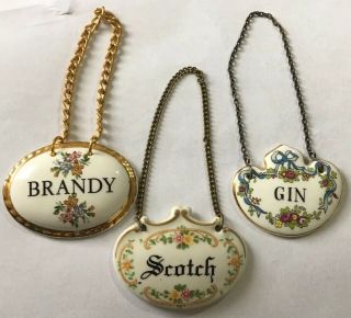 3 Vintage Decanter Label Brandy Scotch & Gin Bottle Label Tag Porcelain On Chain