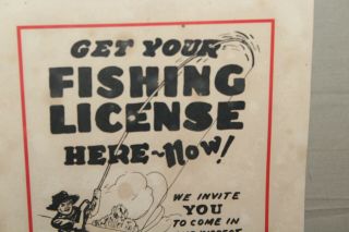 RARE 1930s WINCHESTER STORE GET YOUR FISHING LICENSE HERE DISPLAY SIGN LURE BOAT 5