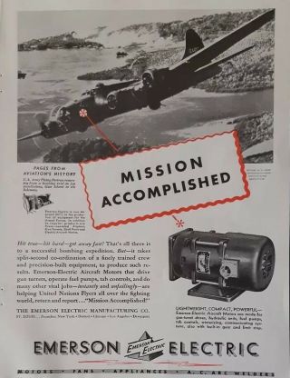 Emerson Electric Manufacturing Aircraft Motors Flying Fortress 1943 Vintage Ad