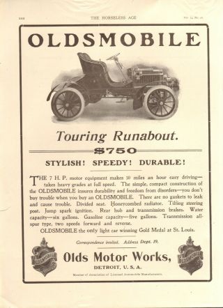 1905 Oldsmobile Touring Runabout Orig Vintage Car Ad