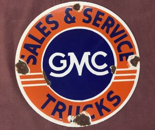 Vintage Gmc Sales & Service 11 3/4” Porcelain Enamel Sign.