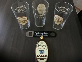 yuengling beer tap handle,  with set of three glasses and bottle opener 2