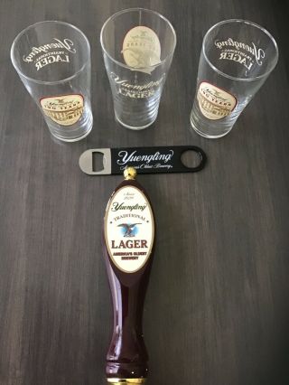 yuengling beer tap handle,  with set of three glasses and bottle opener 3