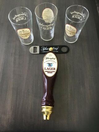 yuengling beer tap handle,  with set of three glasses and bottle opener 4