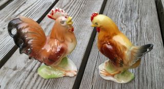 Vtg Rooster Hen Country Decor Ceramic Painted Figurine Japan 50 