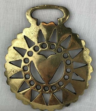 Vtg Brass England Harness Horse Tack Badge Medallion Ring Of Hearts