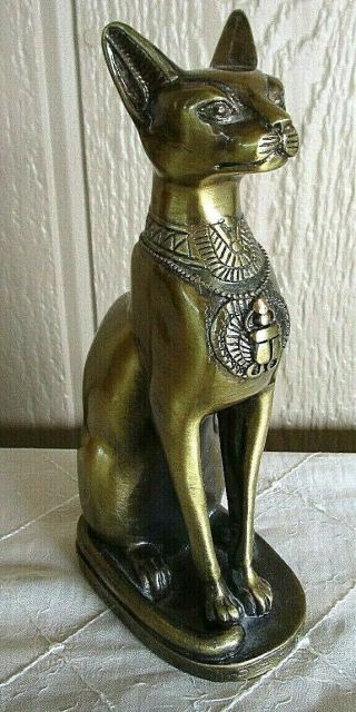 Brass Bronze Egyptian Sphinx Artist Signed Cat Figurine 8 "