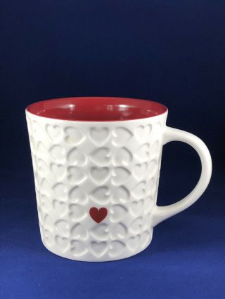 Starbucks 2007 White Embossed Red Heart 16oz Coffee Tea Cup Mug Red Interior
