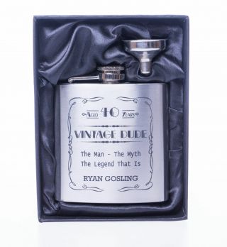 Engraved Vintage Dude Birthday Hip Flask & Gift Box For 40th/50th/60th/65th/dad