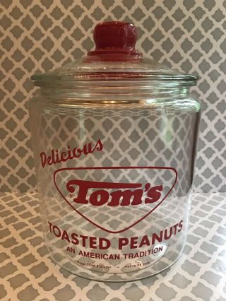 Vintage Tom’s Toasted Peanuts Jar,  An American Tradition,  Red Lettering,