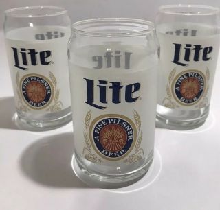 Set Of 3 16oz Miller Lite 5 " White Retro Beer Glass Cup Milwaukee Christmas