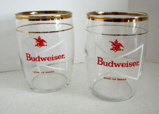 2 Budweiser Beer Barrel Style Glass Crested Gold Rim 3 " 6 Oz.  Vintage 1950/60 