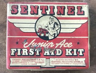 Vtg 40s 50s Wwii Era Tin Sentinel Junior Ace First Aid Kit Pilot Plane Usa No Ja