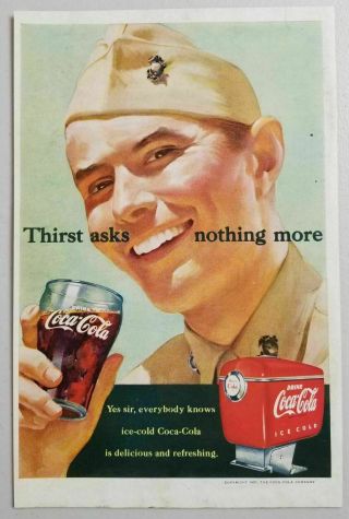 1951 Print Ad Coca - Cola Happy Soldier Drinks A Glass Of Coke Soda Shop Machine