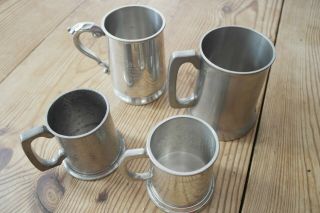 4x Vintage Pewter Tankards.  1 With " Last Drop " Glass Bottom.  2 Hand Beaten.