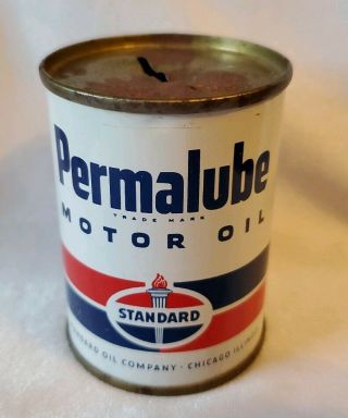 Vintage Standard Permalube Motor Oil Coin Bank Miniature Gas Station Tin Can 2