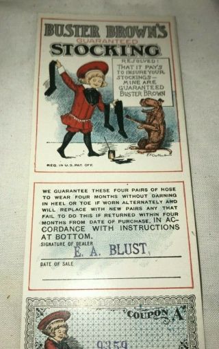 ANTIQUE BUSTER BROWN TIGE DOG STOCKING COUPON CARD SIGN CHATTANOOGA TN SHOE ADV 2