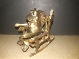 Vintage Brass Frog In A Rocking Chair Bow Tie Figurine Paperweight 2.  5 " H