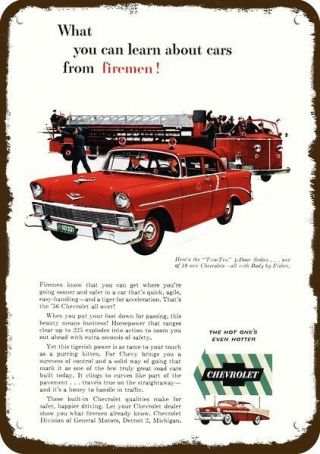 1956 Chevrolet 210 Fireman Captain Car Vintage Look Metal Sign - Fire Engine