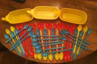 50 Vintage Dairy Queen Long Spoons - Red/yellow/blue & 3 Dishes - Ice Cream Cone Top