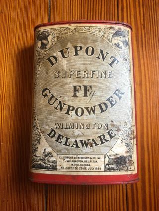 1924 Dupont Superfine Ff Gun Powder 1lb.  Empty Can Tin Winmington Delaware