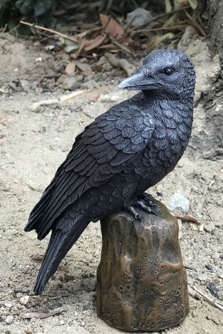 Black Raven Bird On Tree Stump Statue Cold Cast Resin Figurine
