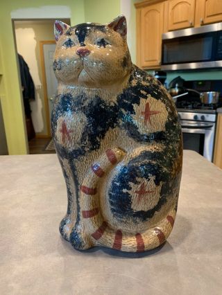 Vtg Folk Art Farmhouse Patriotic Spongeware Cat Ceramic Glazed