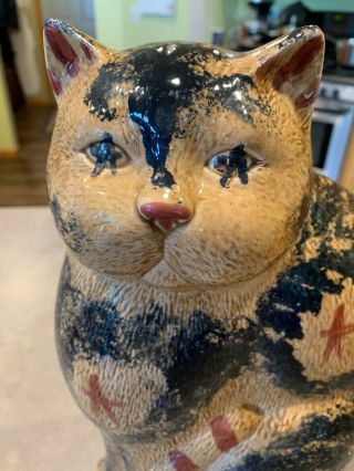 Vtg Folk Art Farmhouse Patriotic Spongeware Cat Ceramic Glazed 2