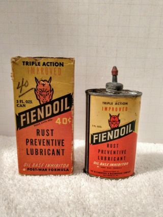 Vintage Fiendoil Gun Oil Can Lead Spout With Box 3/4 Full