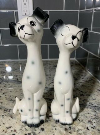 Vintage Ucgc Dalmatian Spotted Dog Figurine Pair Japan Ceramic Long Neck Mcm