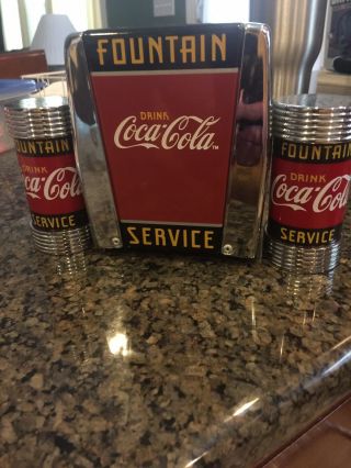 Vintage Coca Cola Chrome Salt And Pepper Shakers With Napkin Holder