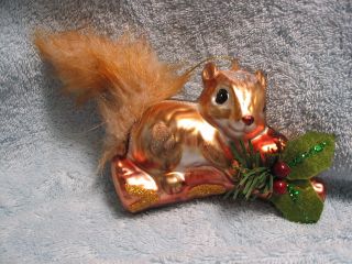 Squirrel With Furry Tail On Tree Branch Glass Ornament Holly Leaves Nature Lawn