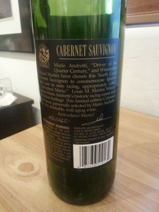 Mario Andretti 1991 Wine Bottle - Cabernet Sauvignon - EMPTY BOTTLE 4
