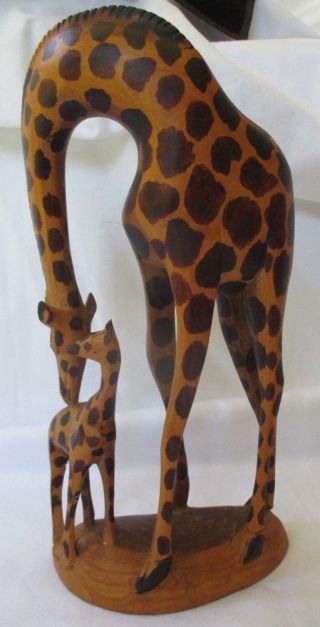 Large Hand Carved Wood Giraffe Mother & Baby Sculpture - Kenya