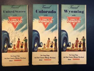 Vintage 1940s Conoco Us,  Colorado,  Wyoming Touraide Oil Gas Station Road Map