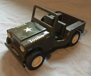 Vintage Tonka Army Green Metal Military Jeep With Folding Windshield