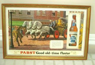 Vintage Pabst Blue Beer - Bar Display Sign - Fire Wagon Steam Engine - Horses - 20 "
