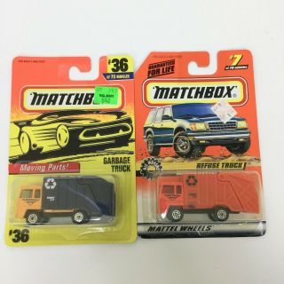 2 Vintage Matchbox Refuse Truck 36 1996 And Garbage Truck 7 1997 Orange Yellow