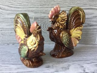 Vtg Country Kitchen Decor Ceramic Hen Rooster Brown Green Gold Figurines Japan