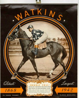 1942 Watkins Liniment Calendar DOUBLE CALL Race Horse Raymond D.  Zink Ephrata PA 2