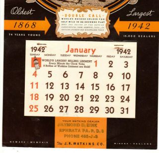 1942 Watkins Liniment Calendar DOUBLE CALL Race Horse Raymond D.  Zink Ephrata PA 3